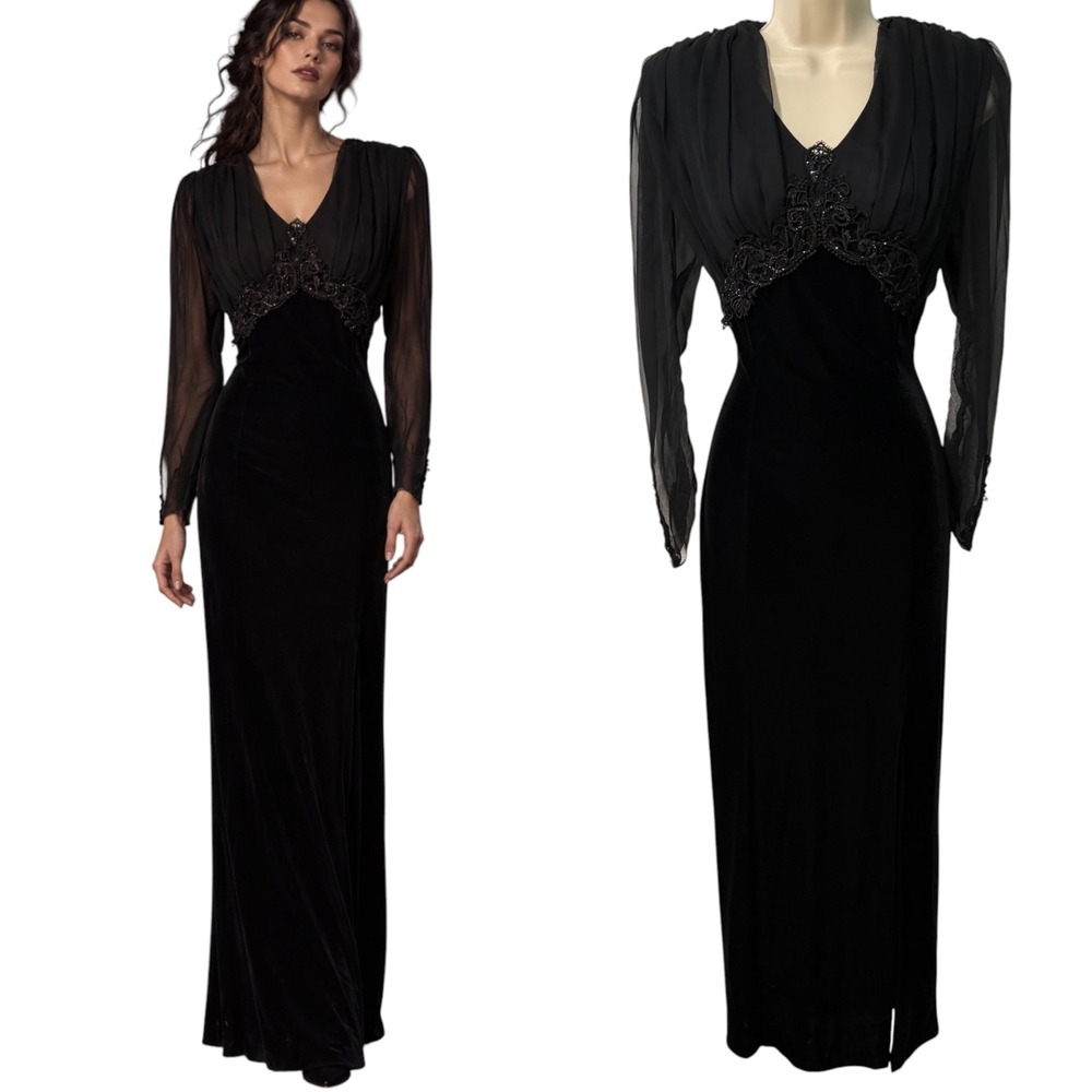 Vtg 90s Y2& Whimsigoth Maxi Evening Gown Dress Womens S Black Velvet Sheer Lace